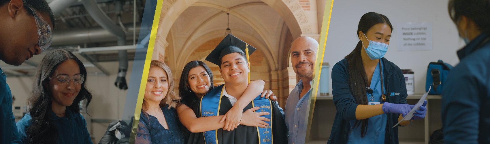 UCLA students working in a lab, a graduate celebrating with family and a nursing student at work